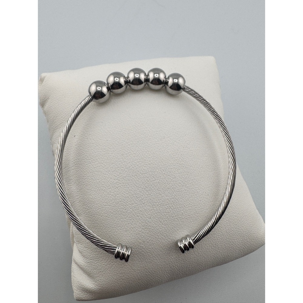 Silver Tone Twisted Cable Cuff Bracelet with Five Polished Sliding Beads